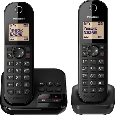 Produktbild von Panasonic DECT-Telefon Schwarz, Basisstation 10,6x6,3x8,7cm (BxHxT), Mobilteil 4,8x16,5x3,2cm (BxHxT), mit Wecker mit Schlummerfunktion, Anrufersperre, Freisprechfunktion und Paging-Funktion