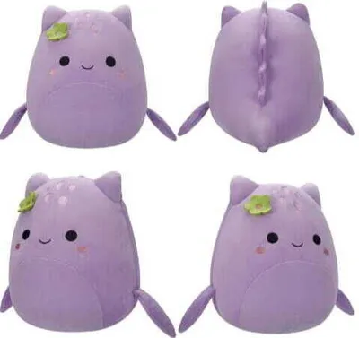 Four views of a purple plush toy with a green flower on its head.