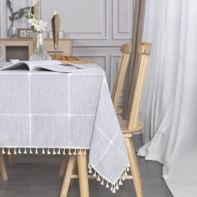 Produktbild von Tischdecke Abwaschbar Baumwolle Leinen 140x180 cm Grau mit Quasten Rechteckig