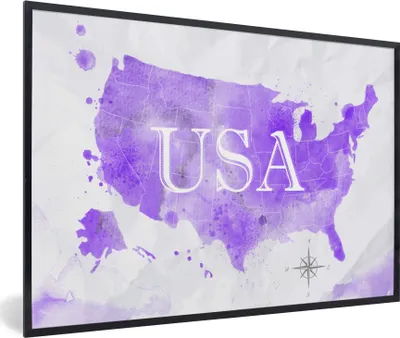 Produktbild von MuchoWow® MuchoWow® Gerahmtes Poster Karte - Amerika - Lila - Aquarell 60x40 cm - Poster mit zchwarzem Bilderrahmen - Printing - Wanddeko Schlafzimmer