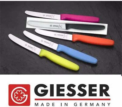 Produktbild von Giesser Messer 5x Tomatenmesser 3mm Wellenschliff 11cm Klingenlänge in Farbe schwarz, hellblau, limette, orange, pink