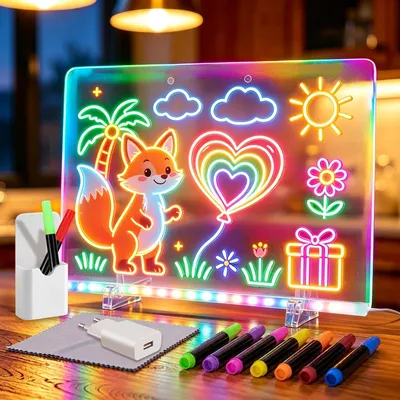 Produktbild von LED Zeichenbrett Acryl Notiztafel mit 8 Farben & 6 Lichtmodi 7 Farben Stift