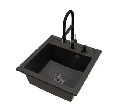 Produktbild von Granit Küchenspüle Schwarz mit VENICE Armatur, schwarzem Siphon und Seifenspender