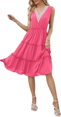 Produktbild von ASKSA Damen Sommerkleid Spitze V-Ausschnitt Ärmellos Strandkleider A-Linie Kleid Freizeitkleider Partykleid, Rot, S