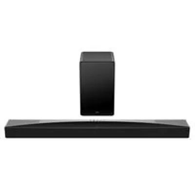 A black soundbar and a black subwoofer are displayed against a white background.