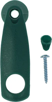 A dark green cable holder with a screw and screw cover on a white background.