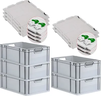 Produktbild von SuperSparSet 5x Eurobox NextGen Grip mit Scharnierdeckel und grünen Schiebeschnappverschlüssen | HxBxT 22x40x60cm | 44 Liter | Grau | Griffe offen | Verstärkter Boden | Eurobehälter, Transportbox, Transportbehälter, Stapelbehälter