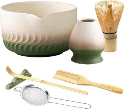 Produktbild von Bambusbesen, Matcha Schale mit Ausguss, Besenhalter, Sieb, Teelöffel & Löffelhalter, traditionelles Teezeremonie-Geschenk, Grün