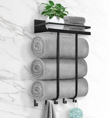 Image de Porte-serviettes mural avec 5 crochets et étagère en métal, pour salle de bain