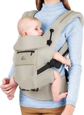 A person is wearing a baby carrier with a baby inside.