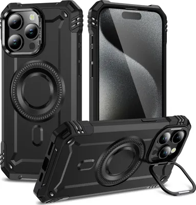 Produktbild von Magnetisch Hülle für iPhone 15 Pro, Heavy Duty Militärischer Stoßfest Handyhülle Kamera-Ringständer Schwarz
