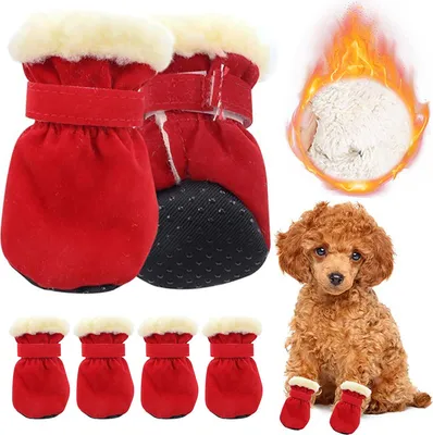 Produktbild von 4 Stück Hundeschuhe Pfotenschutz Wasserdicht, Anti Rutsch Hundesocken, Hundeschuhe Winter, Weicher Verstellbarer (Rot,S)