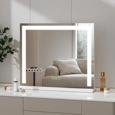 Produktbild von Meykoers Kosmetikspiegel Hollywood mit dimmbarer LED-Beleuchtung (3 Lichtfarben), Touch- und Memory-Funktion, 60 x 52 x 12 cm, Weiß, Eisen-Sprühfarbe, keine Montage erforderlich.