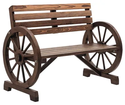 Image de Banc de jardin - Banc double - Bois - Design à motif de roues de chariot - Pour l'extérieur - Marron - Capacité jusqu'à 240 kg