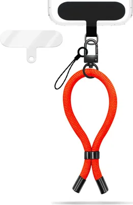 A close-up shot of an orange lanyard with black accents, attached to a phone case.