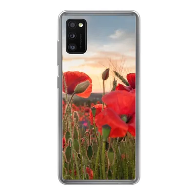 Produktbild von MuchoWow® Handyhülle Schutzhülle Hülle für Samsung Galaxy A41 Sonnenuntergang hinter den schönen Mohnblumen Silikon Softcase Handy Hülle - Mobiltelefon