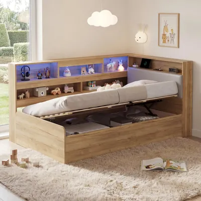 Produktbild von Flieks Hydraulisches Schlafsofa Holzbett 90x200cm mit Stauraum, Tagesbett Jugendbett mit Led und Ladefunktion, Kinderbett Einzelbett Naturbelassen