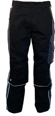 A pair of black work pants with gray accents and pockets.