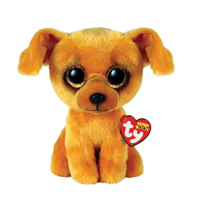 A plush toy dog with large, glittery eyes and floppy ears sits facing forward against a white background. A red heart-shaped tag with the 'Ty' logo is attached to its left side.
