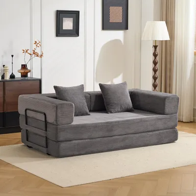 Immagine prodotto di Divano a pavimento, divano compatto, trasformabile, futon, cuscini, braccioli, tessuto corda, ideale per soggiorno/camera da letto. L3