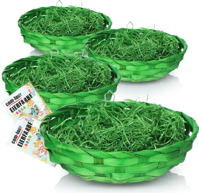 Produktbild von com-four® 4x Osterkörbchen mit Deko Gras und Eierfarben - grüne Osterkörbe mit grünem Gras - Bastkorb mit Ostergras und Ostereierfarben