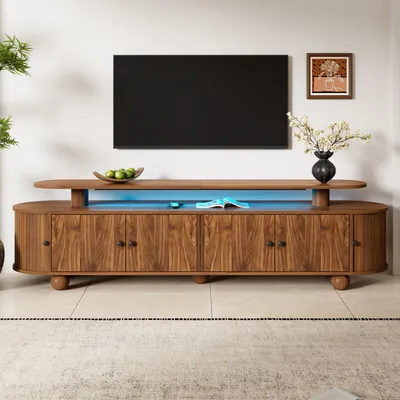Immagine prodotto di Mobile TV con illuminazione LED, mobile TV con ante scorrevoli e ante fisse, mobile TV per soggiorno con design retrò, aspetto legno noce
