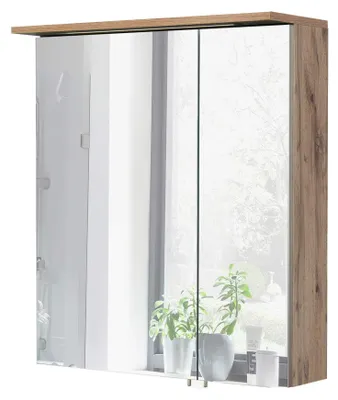 Spiegelkast mit LED, 60,5x16x72,3 cm, Eiche, 2 Türen, 2 Glasablagen