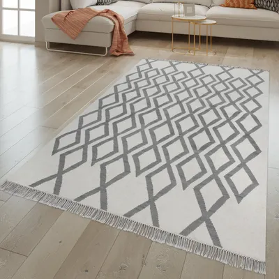 Produktbild von TT Home Wohnzimmer Teppich Handgewebt Geometrisches Skandi Design Wolle Baumwolle Grau Größe 60x110 cm