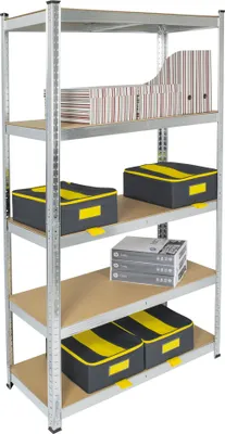 A metal shelving unit filled with storage boxes and binders.