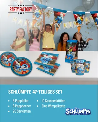 Produktbild von Die Schlümpfe 47-tlg. Party Set – Deko mit Bechern Tellern Servietten Tüten