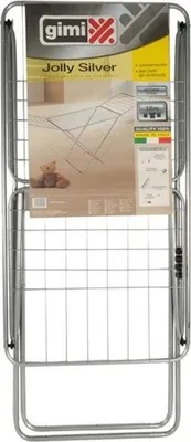 A silver folding drying rack with a product label.