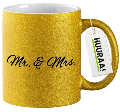 Produktbild von Huuraa Glitzertasse Mr. & Mrs. Schriftzug 330ml Gold Keramik Kaffeebecher Geschenkidee
