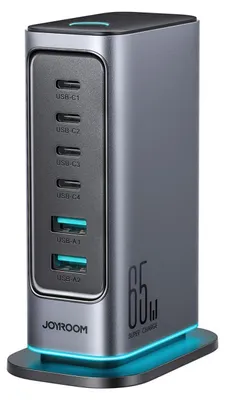 Imagen del producto de Cargador Joyroom Jr-Tcm02 GaN 65W, estación de carga con 4 puertos USB-C y 2 puertos USB-A, enchufe de Reino Unido, color gris