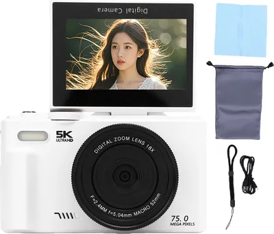 Zdjęcie produktu dla aparat cyfrowy 5K 75MP Auto Focus WiFi z 18-krotnym zoomem 3.0-calowy ekran z klapką 180 stopni Wbudowana lampa błyskowa do fotografii Biała karta pamięci 32 GB