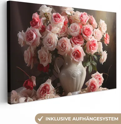 Produktbild von MuchoWow® - Leinwandbilder - Blumen - Rosen - Vase - Stilleben - Blumenstrauß, Wandbild, Wanddeko Bilder Wohnzimmer, 120x80cm