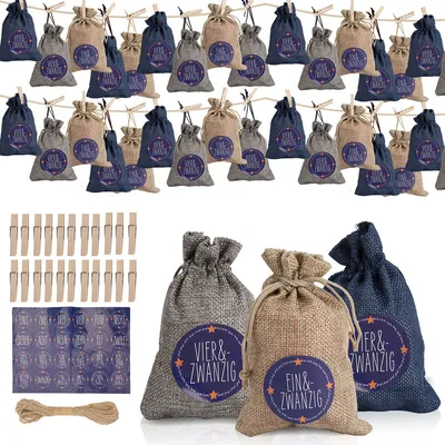 Produktbild von Clanmacy 24 Adventskalender zum Befüllen, Stoffbeutel Geschenksäckchen Weihnachten für Weihnachtskalender, Adventskalender Säckchen mit 1-24 Adventszahlen Geschenkanhänger,Blau /weiß /grau