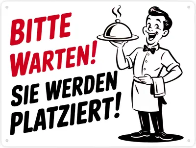 Produktbild von Fröhlicher Cartoon-Kellner - Bitte warten Metallschild XXL in 28x38 cm