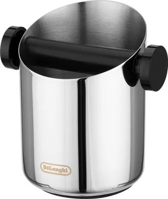 A chrome knock box with black handles and a black bar inside, for disposing of coffee grounds.