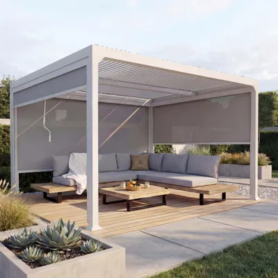 Produktbild von Alu Pergola MCW-L41 mit 3x Seitenwand, Lamellen-Pavillon, stabiles 8cm-Metall-Gestell 3x3,7m  weiß