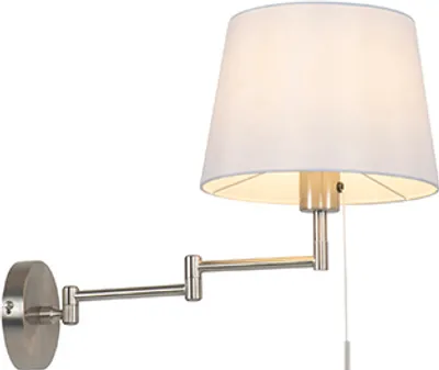 Produktbild von QAZQA - Modern Wandleuchte Stahl I Silber I nickel matt mit weißem Schirm und verstellbarem Arm - Ladas I Wohnzimmer I Schlafzimmer - Textil Rund - LED geeignet E27