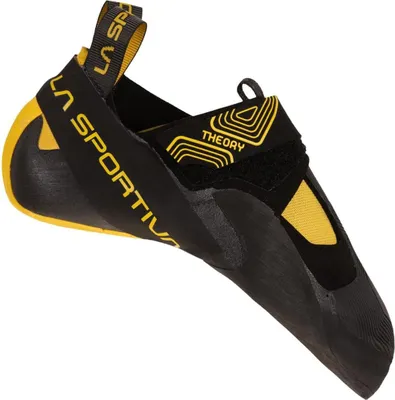 Kletterschuh Theory von La Sportiva; schwarz mit gelben Akzenten; für Klettern geeignet.