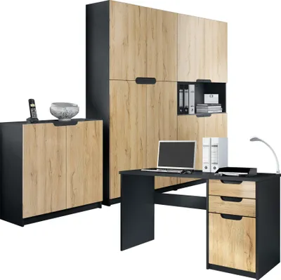 Produktbild von Vladon Büromöbel Arbeitszimmer komplett Set Logan,  Germany, Korpus in Schwarz matt / Fronten in Eiche Natur