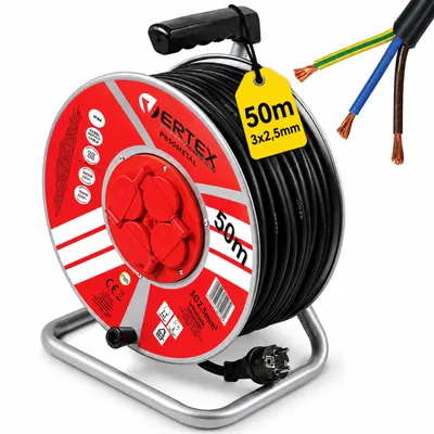 Obrázek produktu pro Prodlužovací kabel na bubnu 50 m 3x2,5 mm Schuko IP44 – silný, kovový, 4 zásuvky