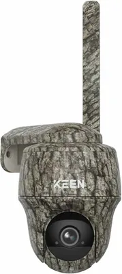 A camouflage-patterned security camera with an antenna, mounted on a bracket.