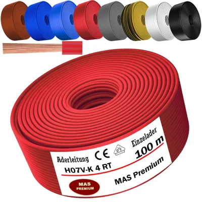 Image de Câble électrique unipolaire H07 V-K RT, 100 mètres, section 1x4 mm², rouge, flexible, conducteur unique