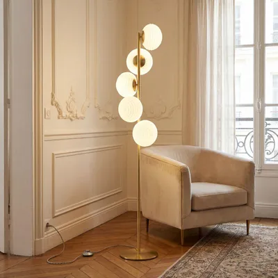 Produktbild von Stehlampe Metall Glas 160 cm in Gold Weiß Fußschalter für 5x E27 Modern Stehleuchte Wohnzimmer