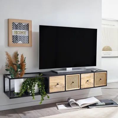 Zdjęcie produktu dla FineBuy Niska szafka wisząca z litego drewna mango / metalu 150x25x35 cm Szafka pod telewizor Czarna stolik pod telewizor z plecionką w stylu wiedeńskim Nowoczesna szafka pod telewizor Szafka ścienna pod telewizor