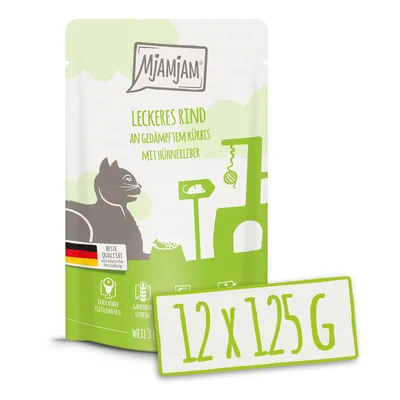 Produktbild von MjAMjAM Quetschie leckeres Rind an gedämpftem Kürbis, Adult, jede Rasse, Rind, Kürbis, 125 g, Getreidefrei