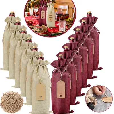 Produktbild von Jute-Weinbeutel, Packung mit 12 Weinbeuteln mit Geschenkanhänger/Kordelzug, Weinbeutel für Hochzeit, Party, Blindverkostung