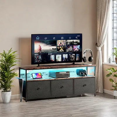 Produktbild von TV-Ständer mit LED-Beleuchtung und Schubladen, höhenverstellbare Füße. E1-e Bürospanplatte, Eisengestell, schwarz.